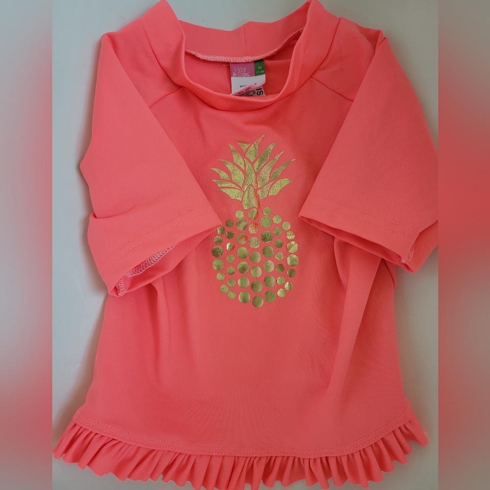 Lily & Dan Girls Coral Pink Rashguard ShirtPineapple Ruffled Hem
